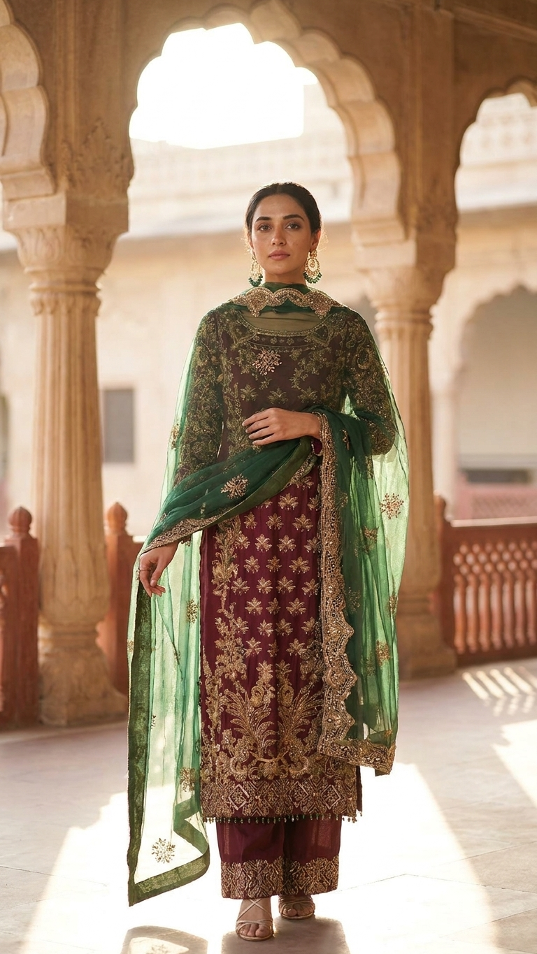 The Royal Emerald & Maroon Zardozi Ensemble