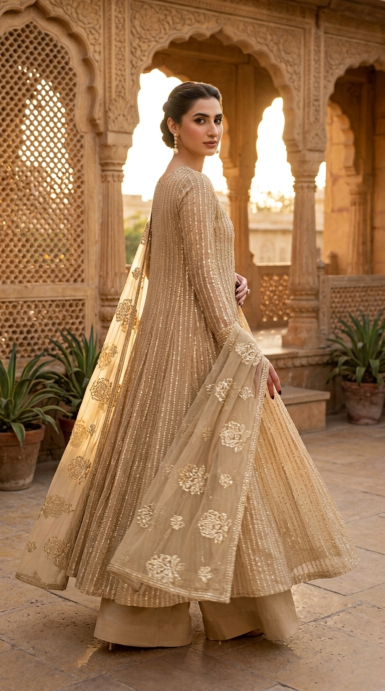 Champagne Gold Embellished Flared Maxi with Wide-Leg Trousers
